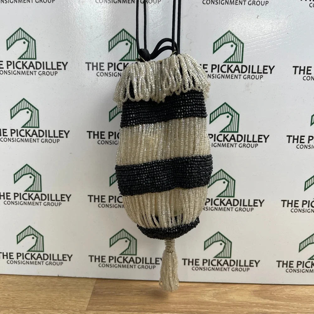 Vintage Beaded Drawstring Pouch Bag Black White Striped Tassel Reticule Pouch